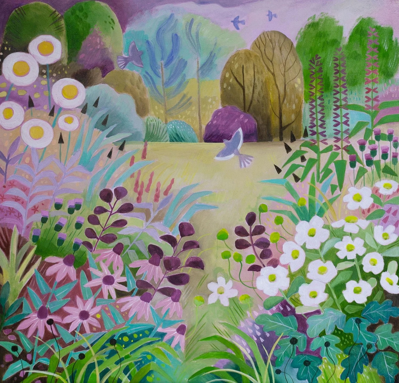 Colorful garden illustration with flowers, foliage, trees, and a small bird in a pastel landscape