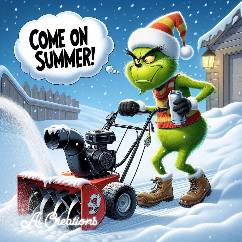 Green cartoon character in a Santa hat using a snow blower in a snowy yard at night