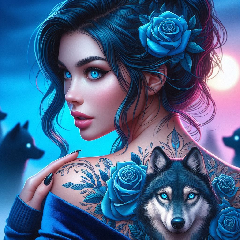 Woman with Wolf and Blue Roses