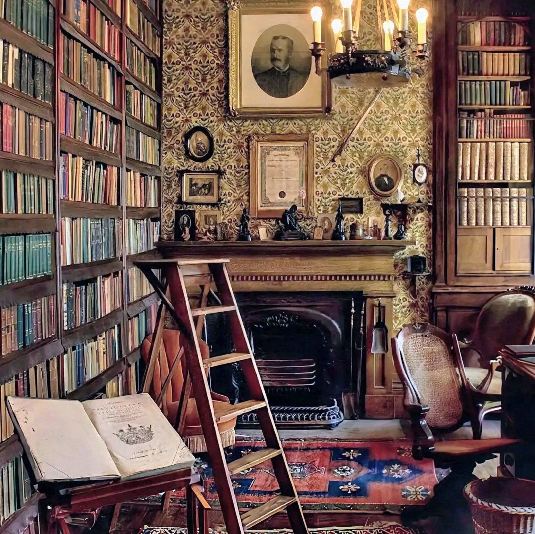 Victorian library with tall bookshelves, ornate fireplace, portraits, chandelier, and antique furnishings