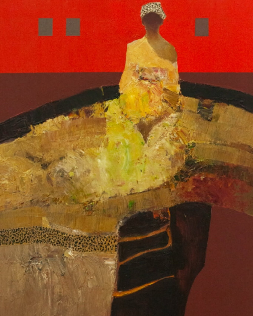 Painting of a seated woman in yellow dress on dark circular base, red background with grey rectangles
