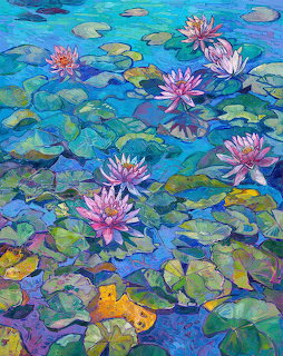 Impressionist painting of pink water lilies and green lily pads on blue water with thick impasto brushstrokes