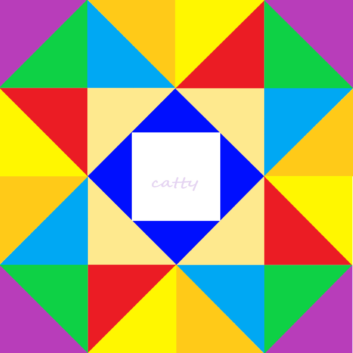 Colorful geometric quilt pattern with triangles in red, blue, yellow, green, and purple arranged in symmetrical design