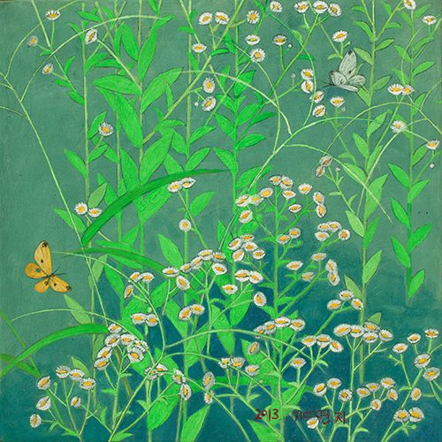Green spring meadow with white flowers and yellow butterfly, overlaid with geometric gold lines