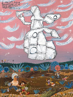 Folk art painting of a large white doted robot figure over a landscape with running characters and pink stary sky