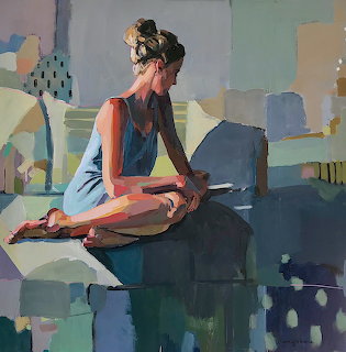 Painting of woman seated in profile view with abstract geometric background in blue and coral tones