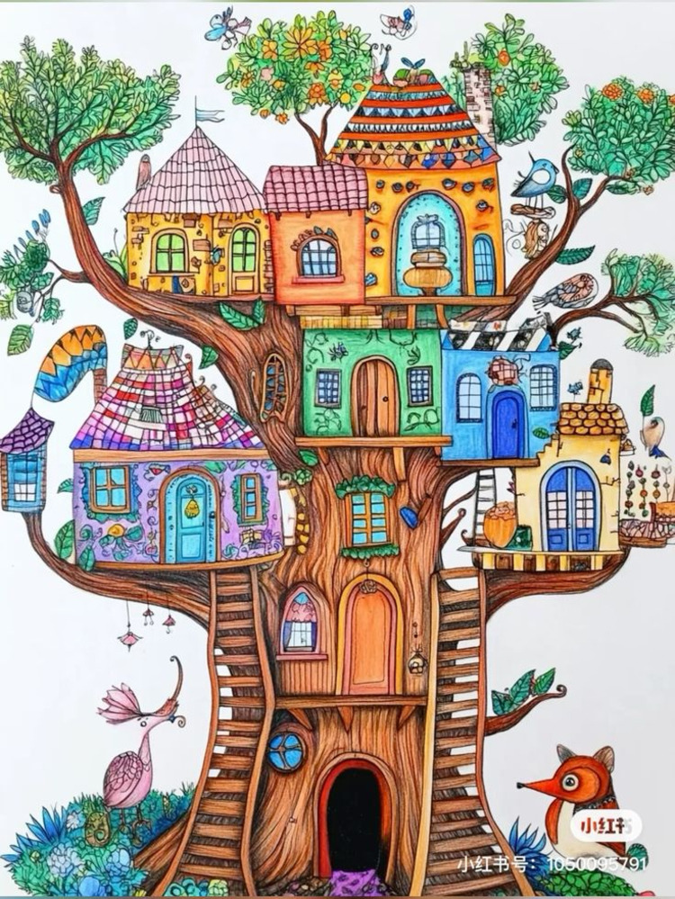 Whimsical illustration of a large treehouse village with colorful tiny houses, ladders, birds, and a fox