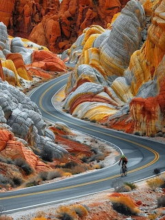 Cyclist on a curving road through colorful layered sandstone rock formations