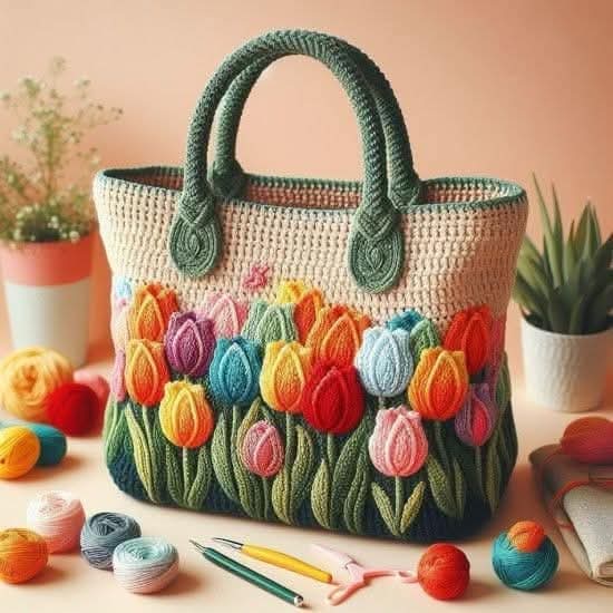 Handcrafted tote bag with multicolored embroidered tulips and green knitted handles on peach background