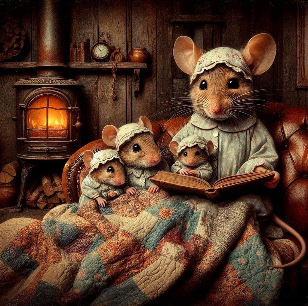 Mouse Family Reading by Fireplace