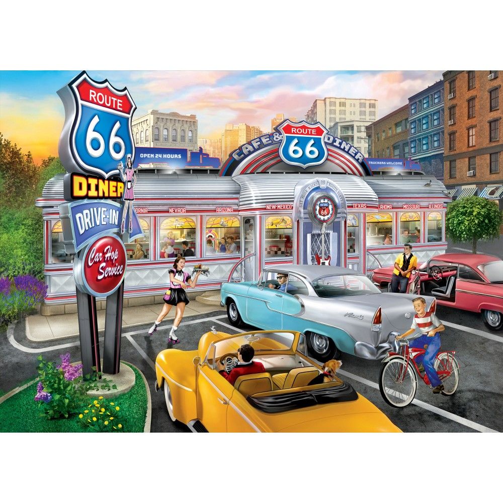 Vintage Route 66 diner with classic cars and waitresses serving customers in parking lot