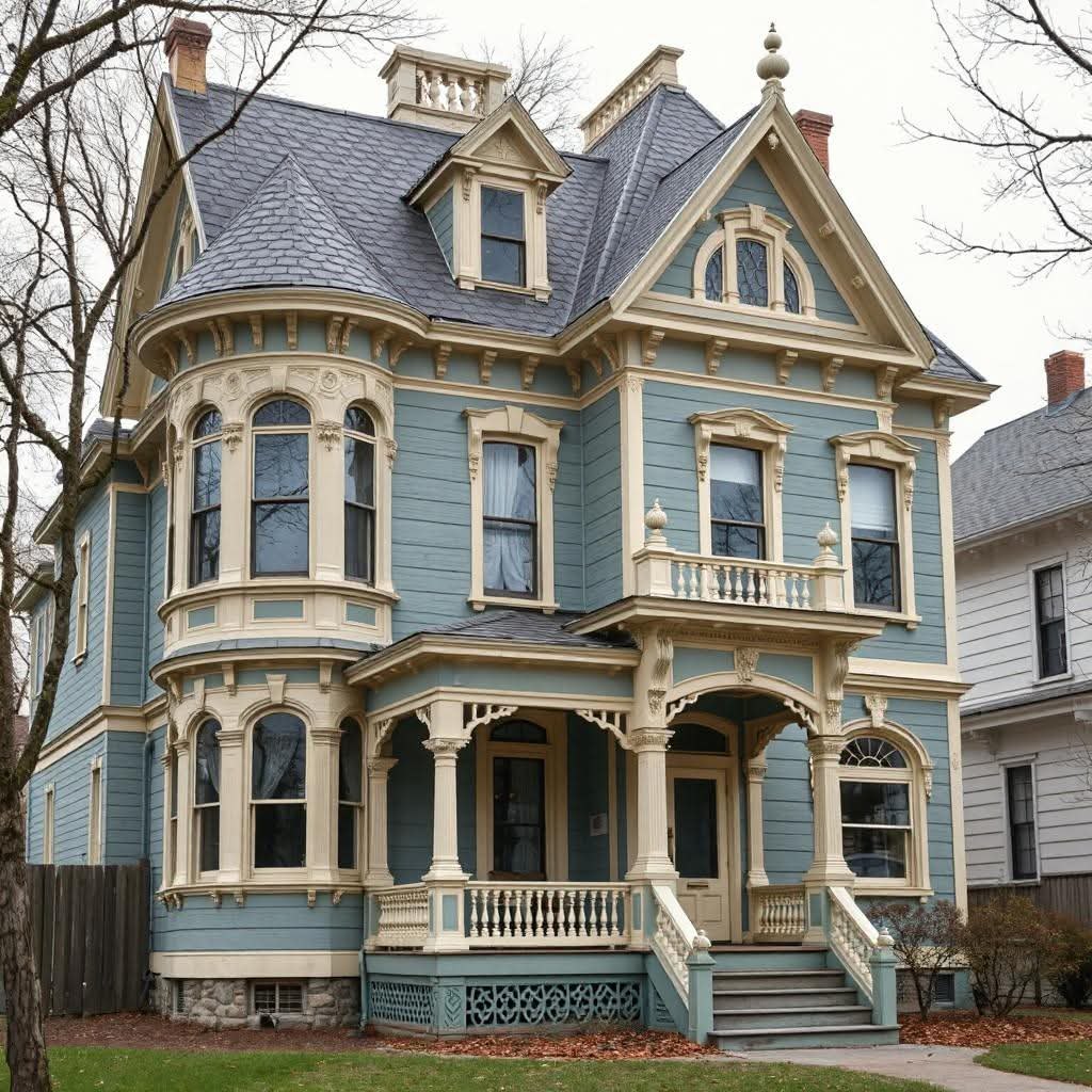 Blue Victorian house with turret, ornate trim, and front porch under gray sky