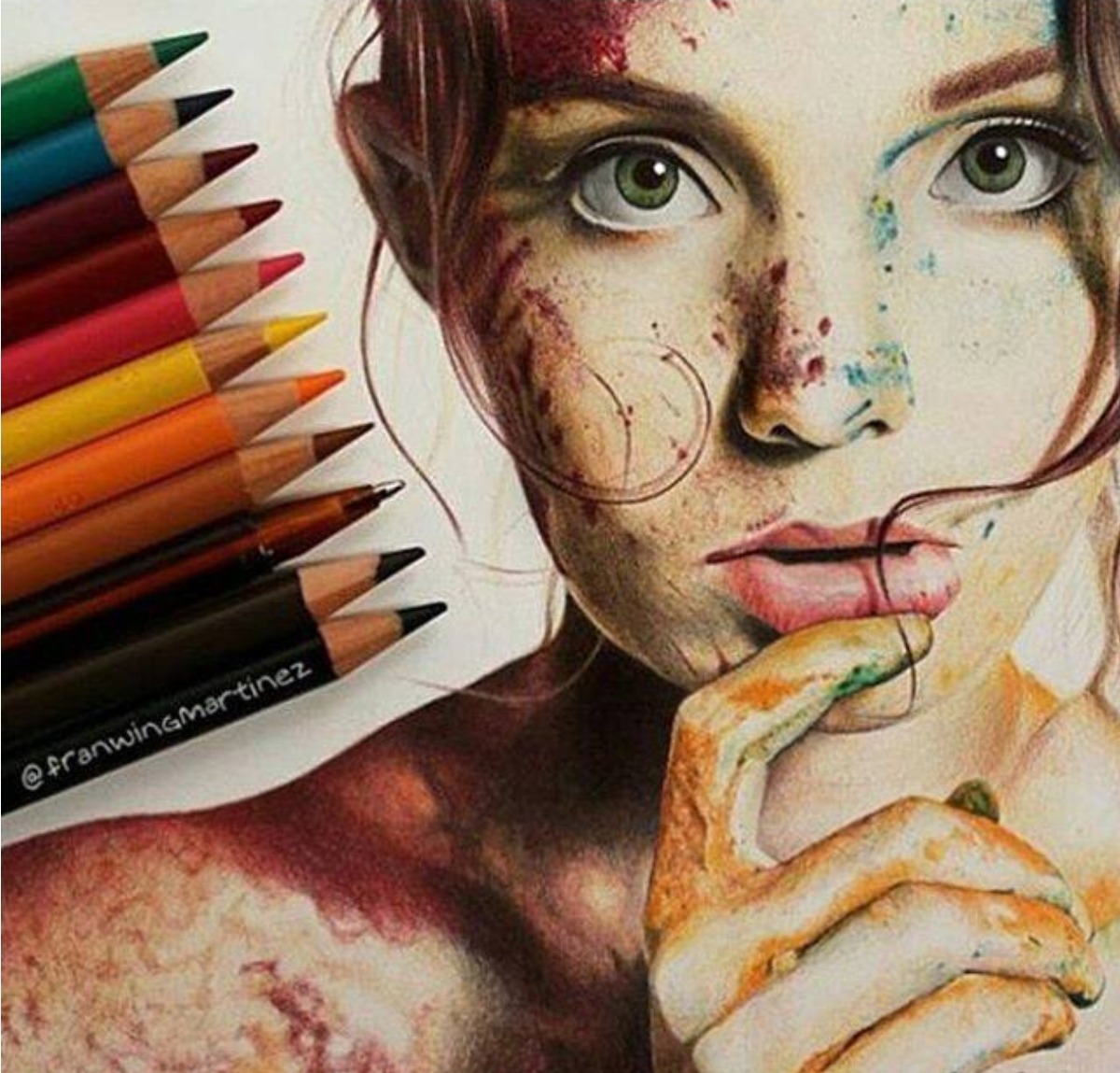 Watercolor portrait of girl with freckles and colored pencils