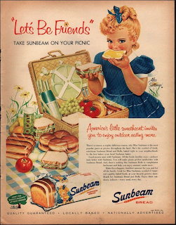 Vintage 1950s advertisement showing a young girl with blonde hair opening a picnic basket filled with Sunbeam bread products