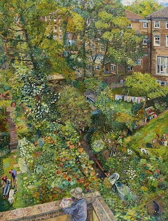 Detailed painting of a lush garden courtyard with flowers, trees, small people, and brick houses