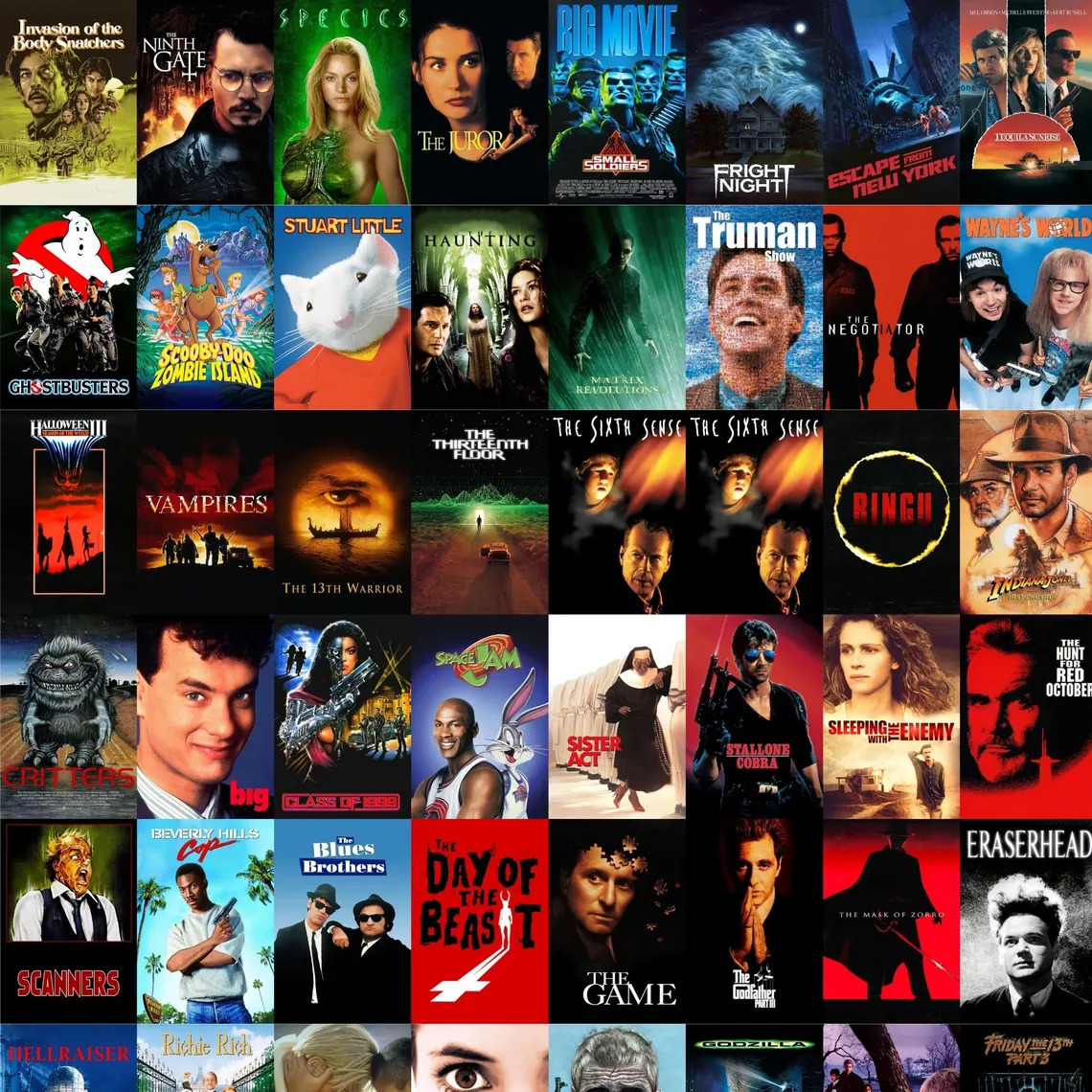 Square collage of assorted movie posters arranged in a grid