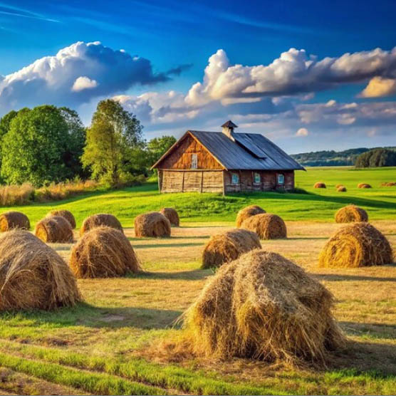 Hay bales in a sunlit field with a wooden barn, trees, and cloudy blue sky