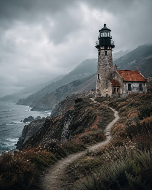 Stone lighthouse on a rocky cliff overlooking a stormy ocean with a winding path leading to it