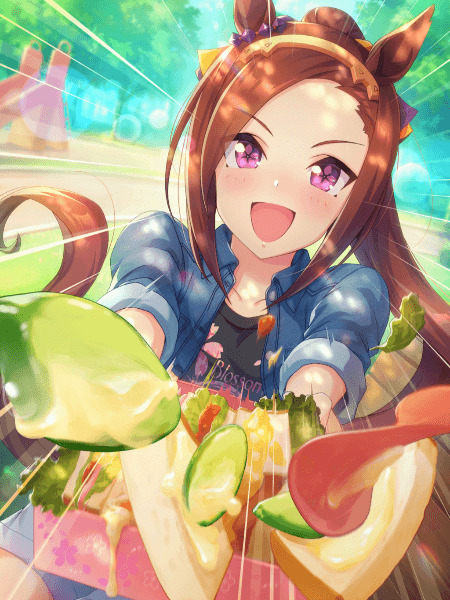 Anime girl Sakura Bakushin O from Umamusume eating enthusiastically in SSR card art