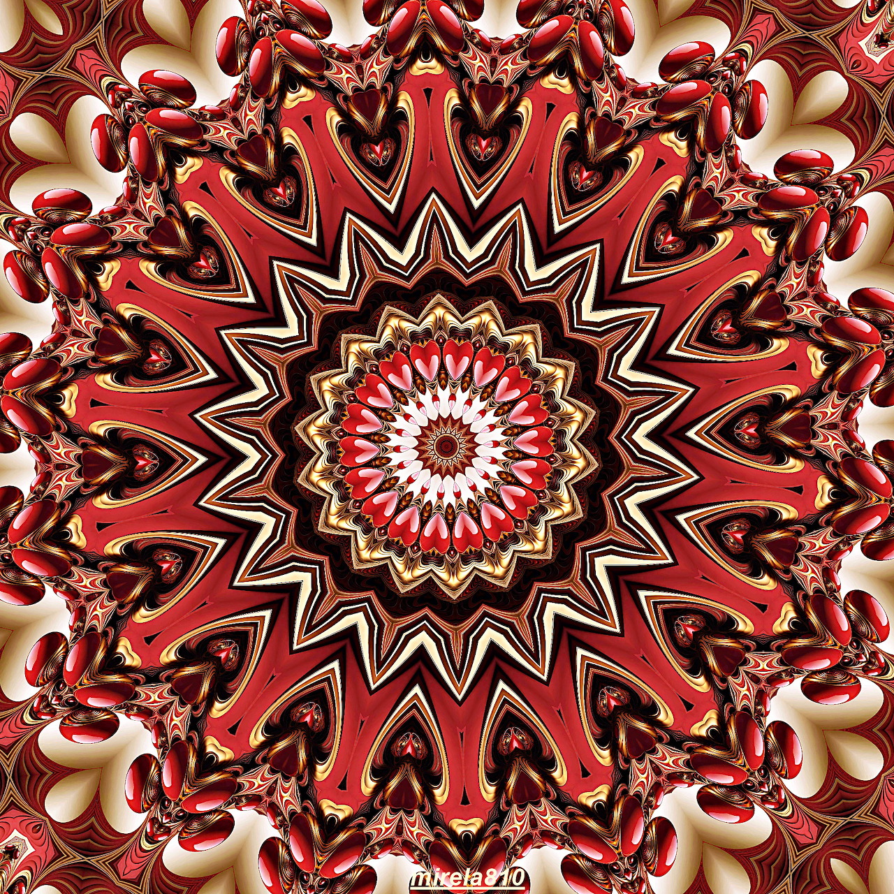 Ornate red and gold mandala with radial symmetry and intricate geometric patterns