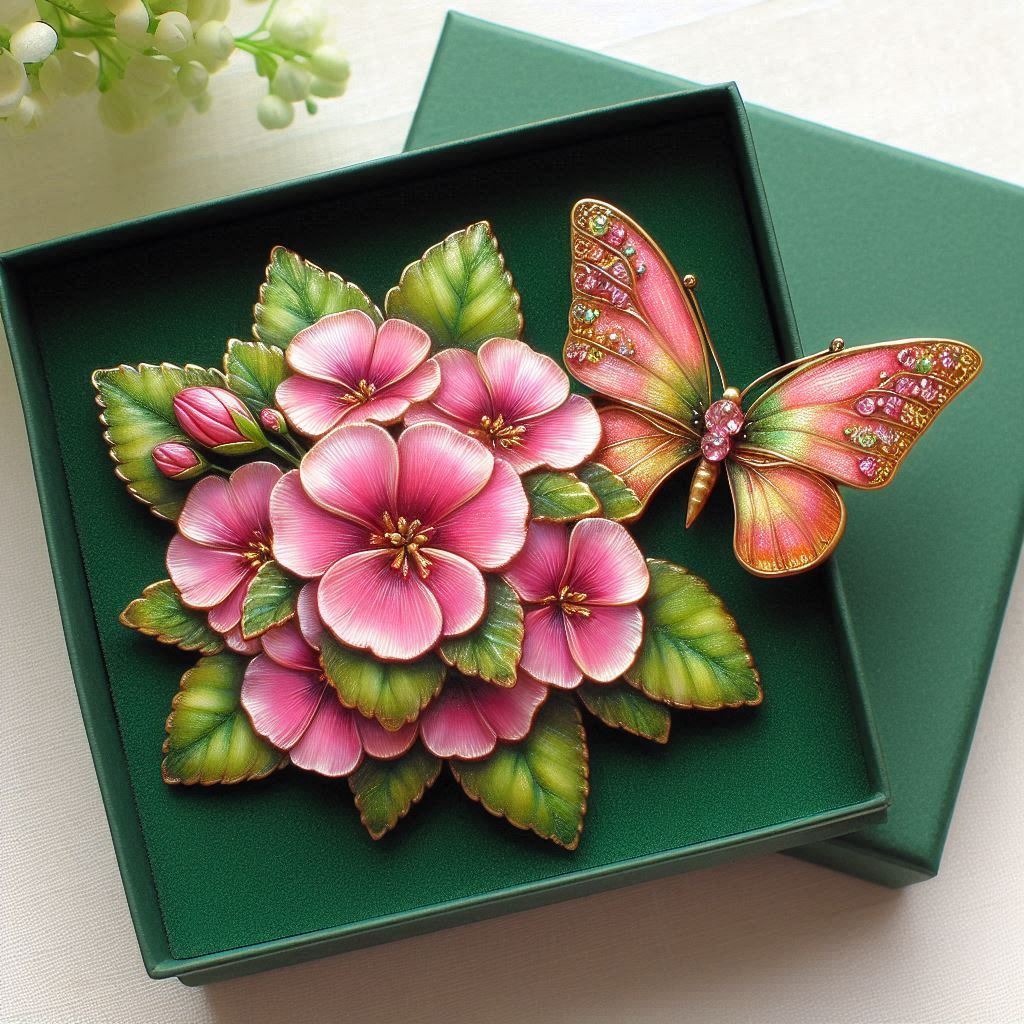 Decorative pink flowers and a butterfly arranged inside an open green box