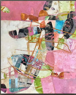 Abstract painting with pink, white, black, and multicolored geometric shapes and intersecting lines