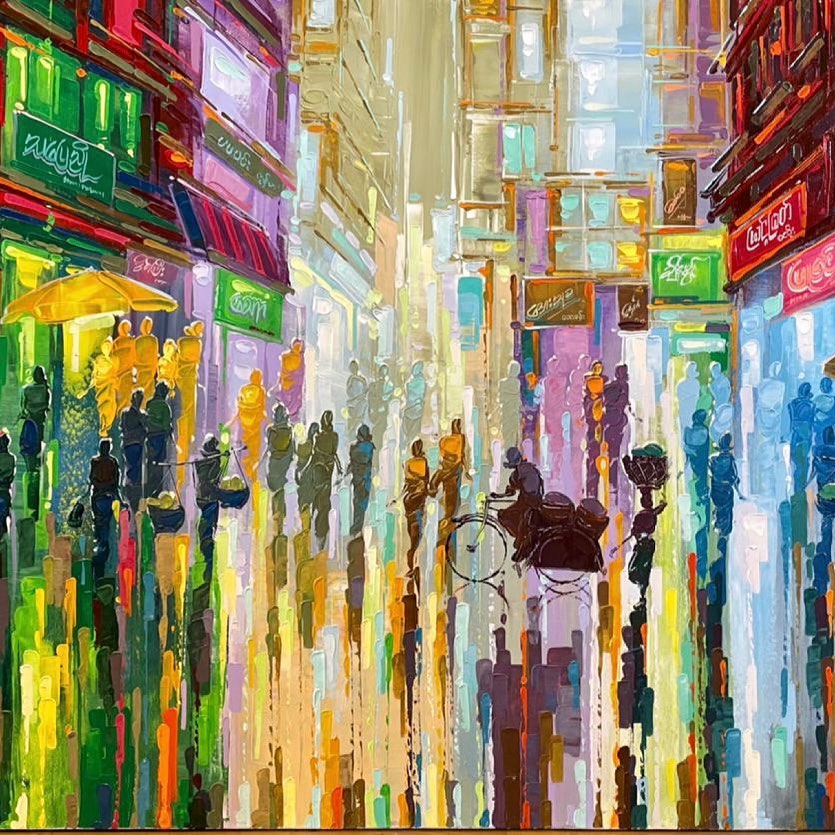 Abstract painting of colorful city street with people walking among vibrant streaks of paint and hanging signs
