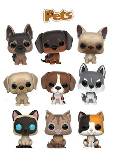 Nine Funko Pop Pets vinyl figures including dogs and cats arranged in a 3x3 grid