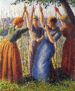 Impressionist painting of three peasant women reaching upward to plant stakes in a green field