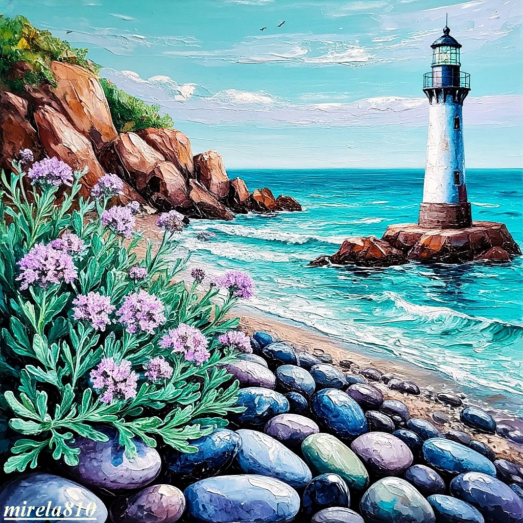 Painting of a lighthouse on a rocky coast with ocean waves, pink flowers, and rounded stones
