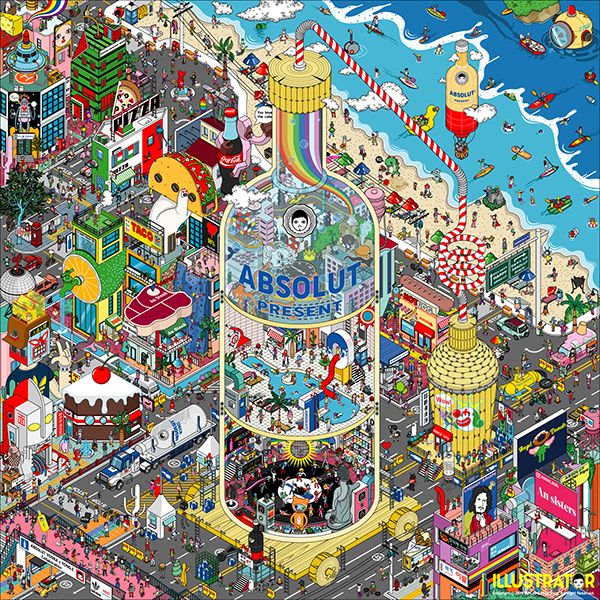 Colorful illustrated seaside city packed with buildings, roads, crowds, and a giant bottle in the middle