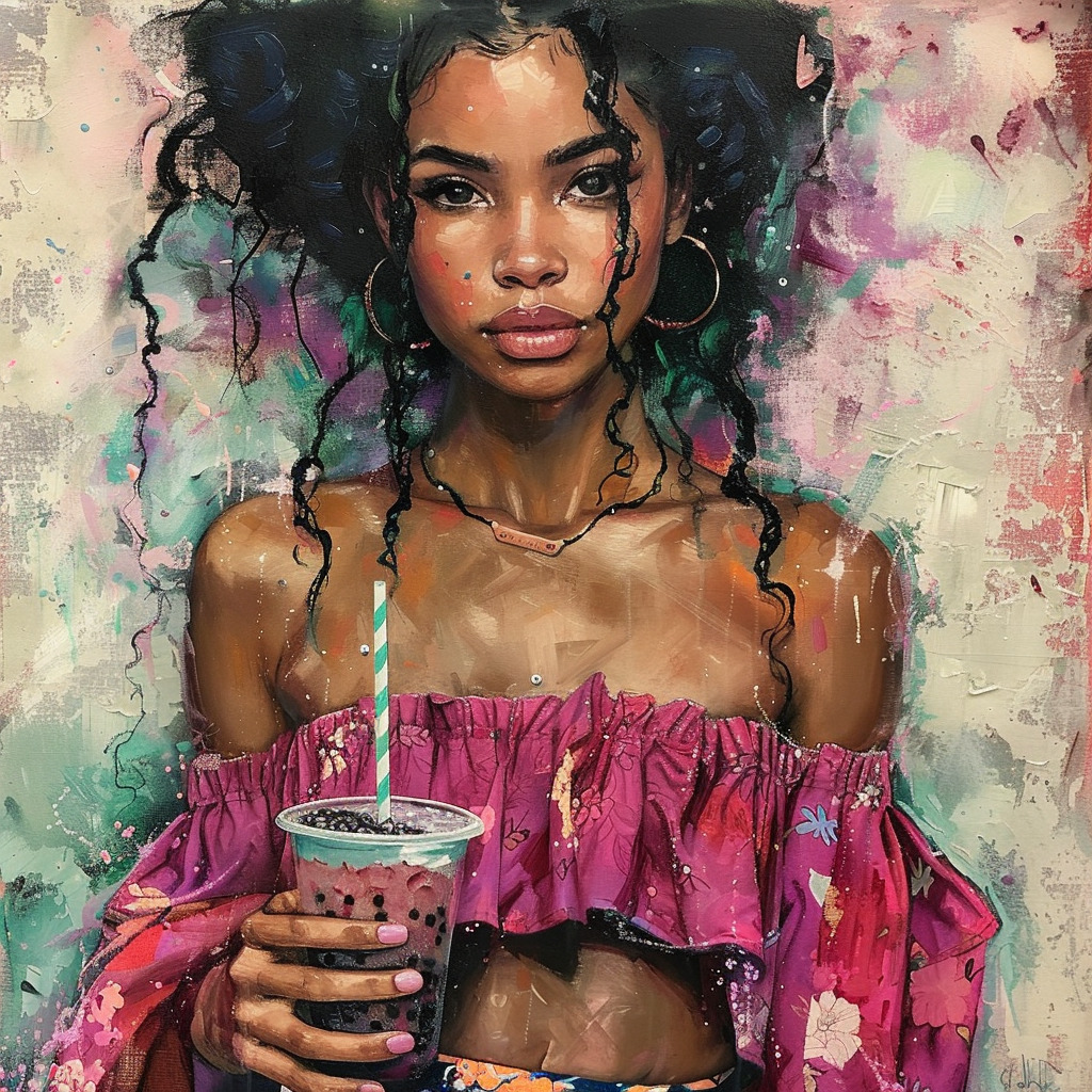 Watercolor portrait of woman with braids in pink off-shoulder top holding drink against colorful abstract background