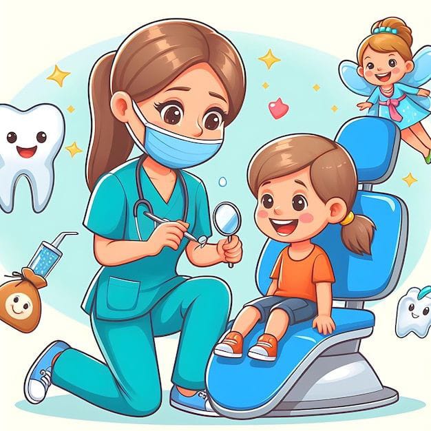 Cartoon dentist examining happy child patient in dental chair with tooth characters
