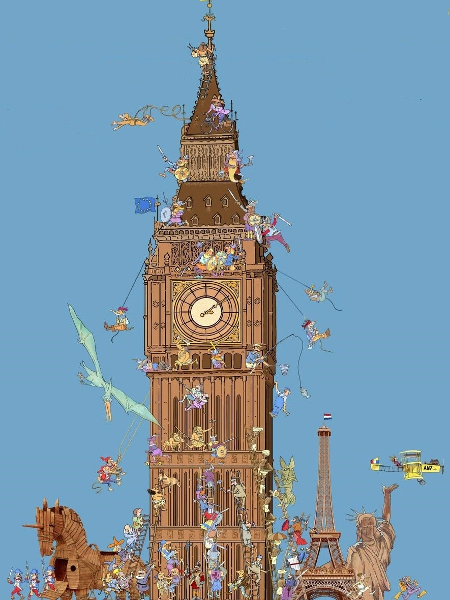 Big Ben clock tower with blue sky and illustrated decorative elements around it