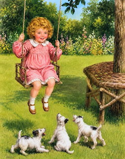 Young girl in pink dress swinging outdoors while three white puppies play below in a sunny garden