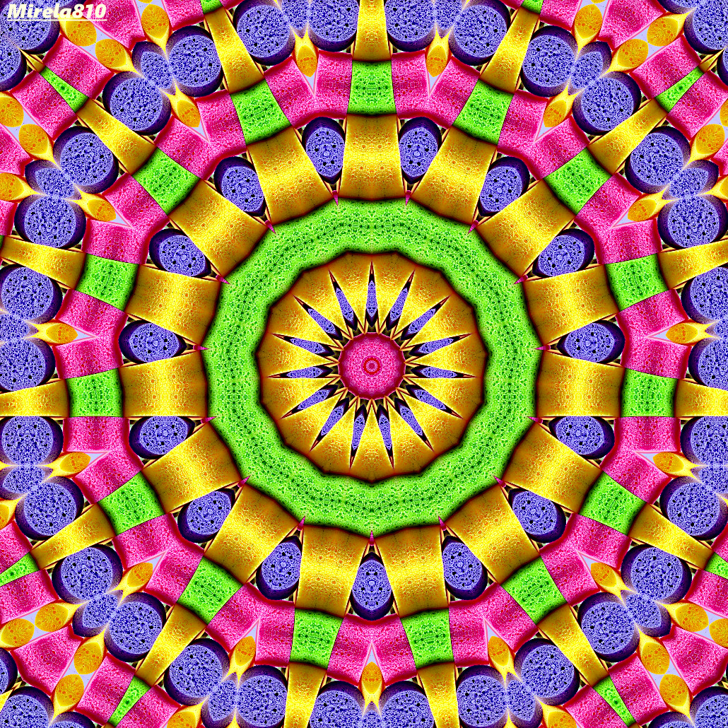 Colorful symmetrical mandala with green center ring and radiating pink, purple, yellow patterns