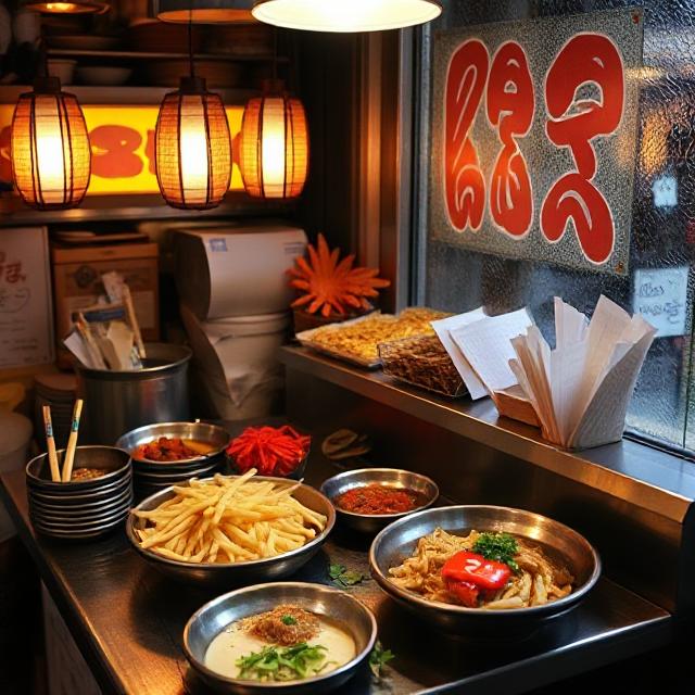 Japanese ramen restaurant counter with noodle bowls, side dishes, and red paper lanterns