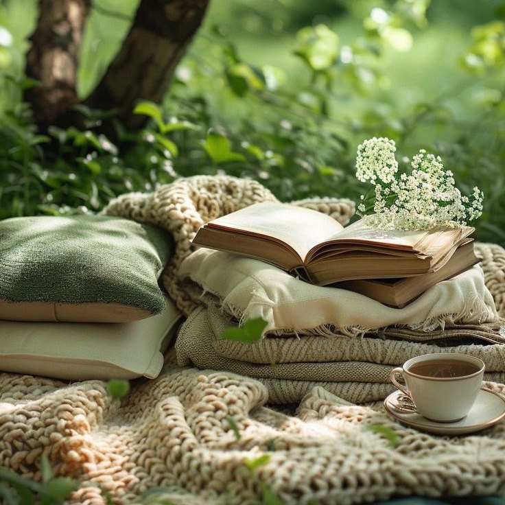 Open book on cushions in sunlit garden with flowers and coffee cup