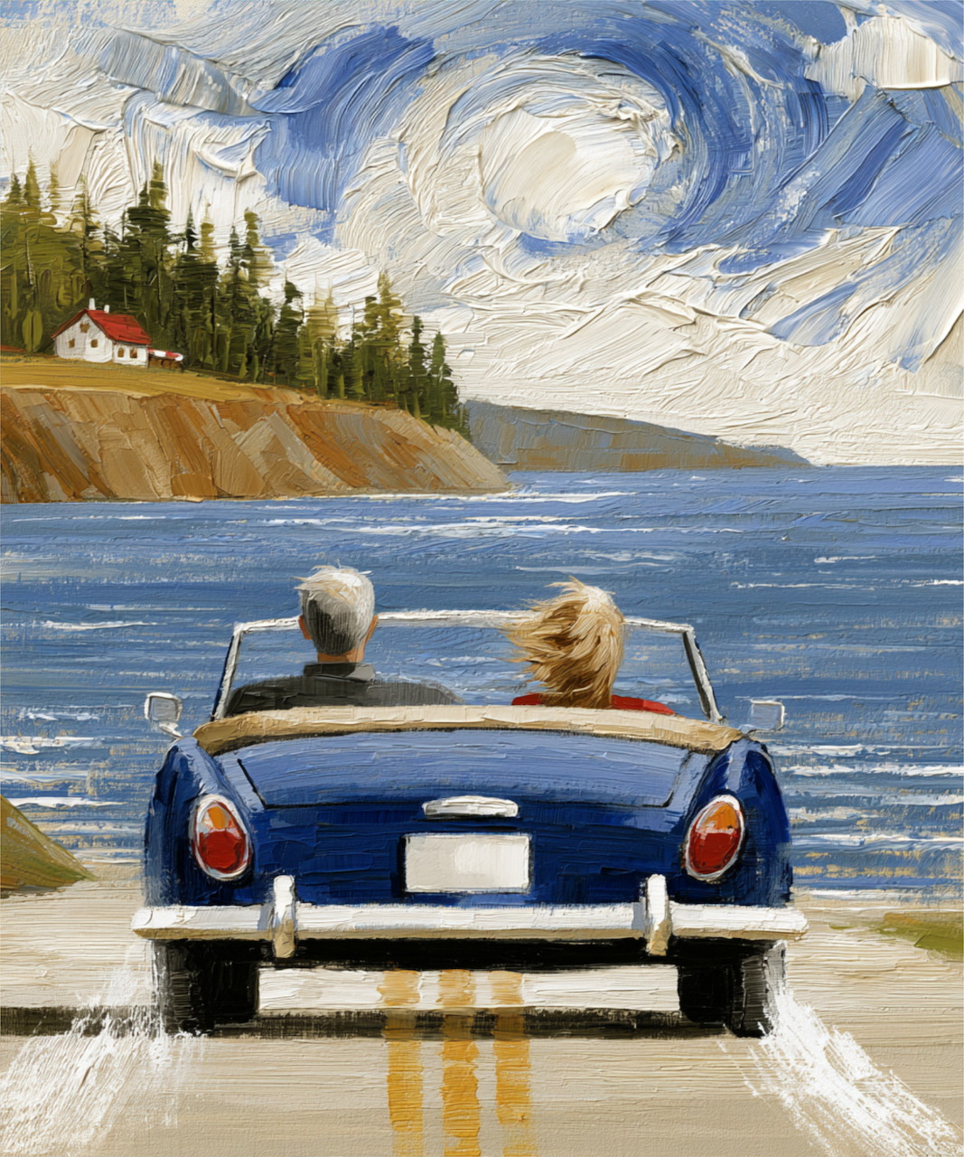 Rear view of a couple in a classic blue convertible driving along a coastal road with swirling sky and ocean