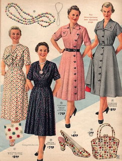Four women in vintage 1950s style dresses from a retro fashion catalog illustration