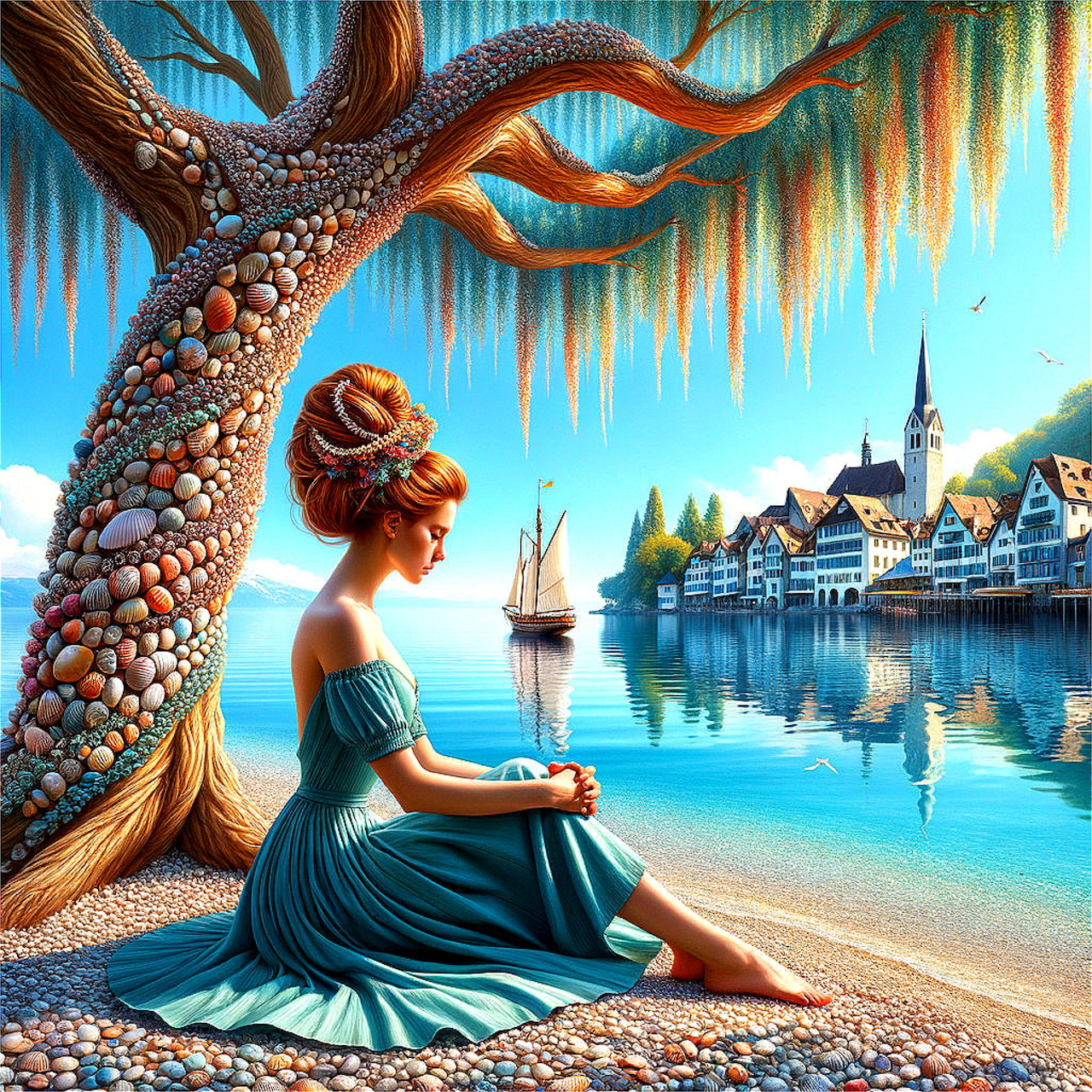 Girl Under Tree by Seaside