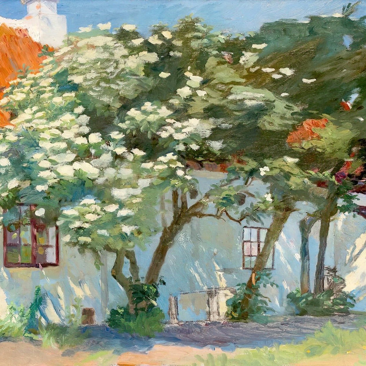 Impressionist painting of garden with white flowers and blue house