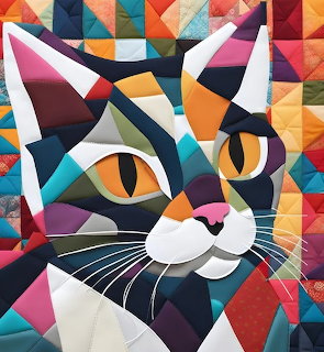 Geometric cat face made of colorful triangular quilt pieces with orange eyes and white whiskers on patchwork background