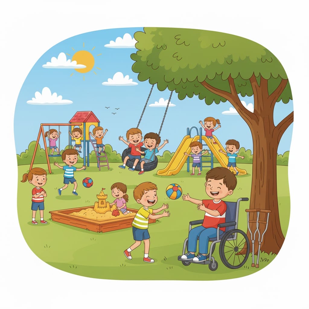 Cartoon children playing in a playground with a boy in a wheelchair under a tree