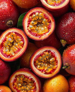 Overhead view of whole and halved passion fruits with red skin and yellow pulp