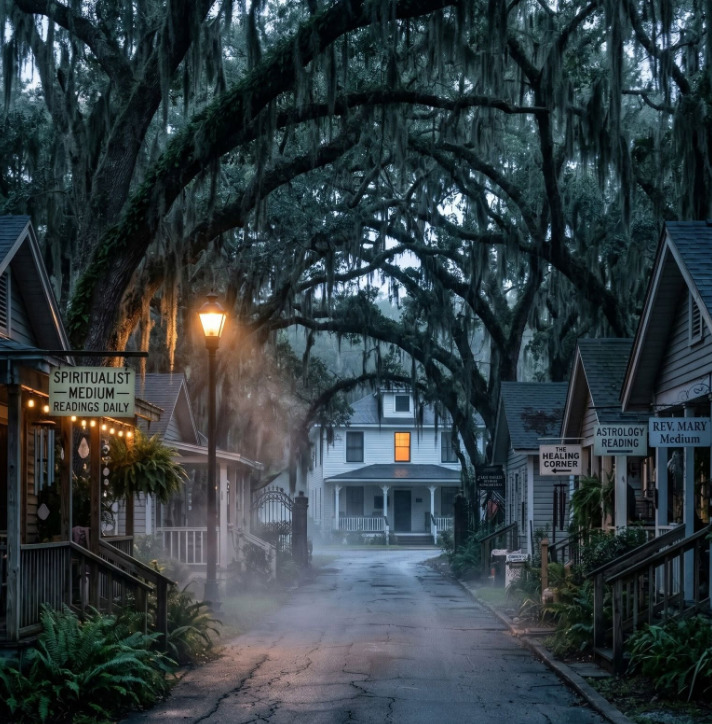 Misty street with moss-covered oak tree canopy and historic buildings at dusk
