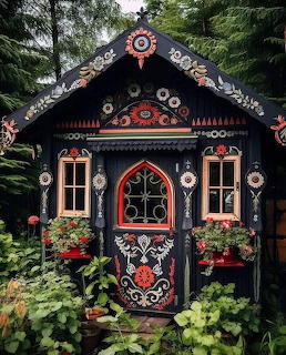 Dark wooden cottage with elaborate red and white folk art painted decorations and flower boxes