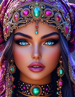 Digital art portrait of a woman with green eyes wearing an ornate jeweled crown and purple headdress
