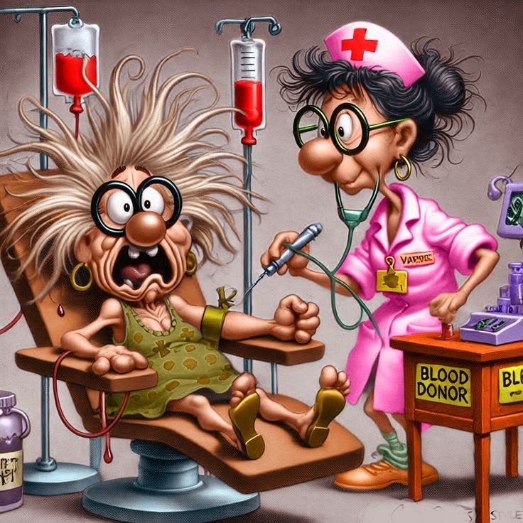 Cartoon nurse drawing blood from scared patient with wild hair in medical office