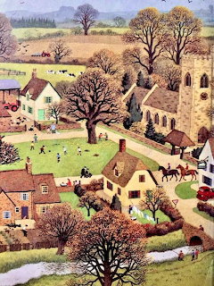 Vintage painting of a village with cottages, a church, trees, and people on grassy paths